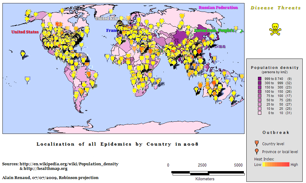 Localization of All Epidemics by Country in 2008